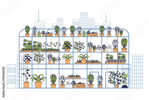 Urban greenhouse filled with various plants modern cityscape background detailed potted plants wooden crates thin line minimalistic style