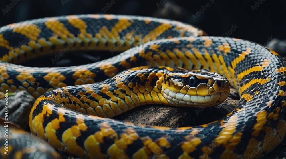 Closeup portrait of a venomous yellow and black banded snake coiled on a rock Closeup portrait of a venomous yellow and black banded snake coiled on a rock