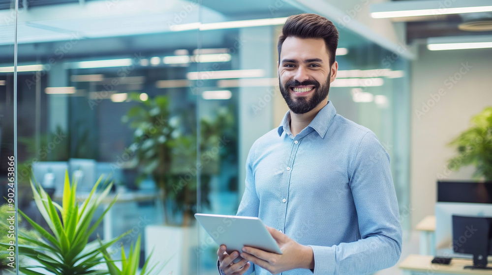 A young man with a beard, wearing a light blue shirt, standing in a modern office setting. He is holding a tablet in his hands and has a cheerful expression on his face A young man with a beard, wearing a light blue shirt, standing in a modern office setting. He is holding a tablet in his hands and has a cheerful expression on his face