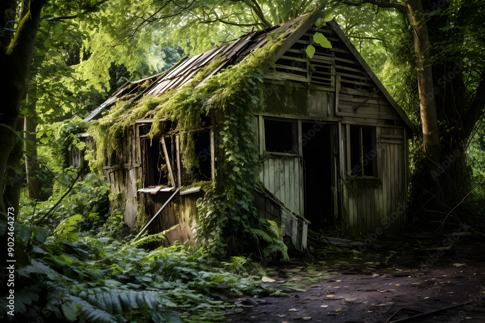 Nature's Reclaim: A Decayed Building in an Overgrown, Neglected Area with Stagnant Pond Nature's Reclaim: A Decayed Building in an Overgrown, Neglected Area with Stagnant Pond