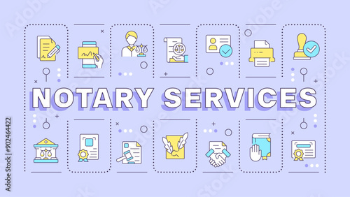 Notary services pastel purple word concept. Power of attorney. Contract documents. Typography banner. Vector illustration with title text, editable icons color. Hubot Sans font used