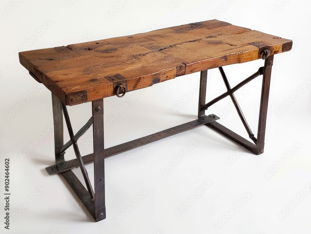 Artistic Industrial Style Desk with Raw Wood and Metal, Unique Workspace on White Background Artistic Industrial Style Desk with Raw Wood and Metal, Unique Workspace on White Background