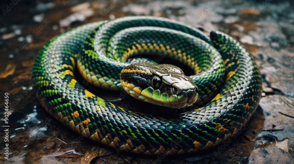 Fototapeta premium Closeup of a bright green and yellow snake coiled on the forest floor