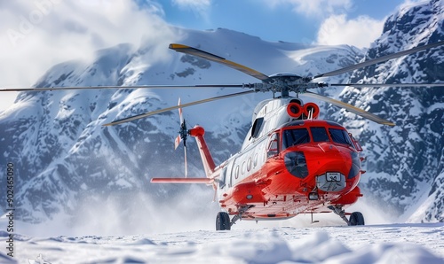 Red rescue helicopter landed in the mountains, dramatic scenery.