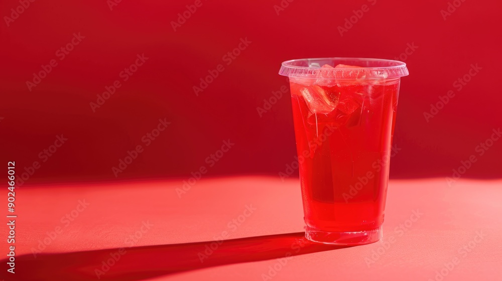 Red drink in a plastic cup isolated on a red pastel background. Take away drinks concept with copy space Red drink in a plastic cup isolated on a red pastel background. Take away drinks concept with copy space