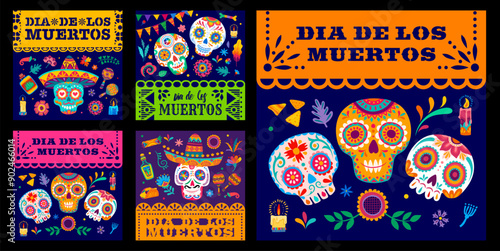 Mexican dia de los muertos day of the dead holiday banners. Vector square backgrounds, social media history screen templates, festive party greeting cards with calavera sugar skulls and floral motifs
