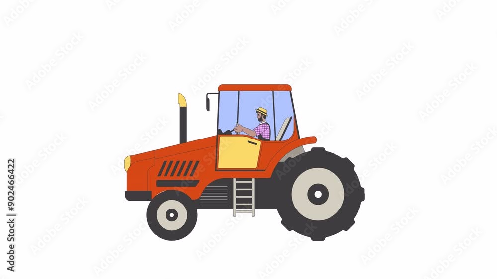 African american male farmer riding tractor line 2D character animation. Agricultural machinery flat color cartoon 4K video, alpha channel. Tractorist countryman animated person on white background African american male farmer riding tractor line 2D character animation. Agricultural machinery flat color cartoon 4K video, alpha channel. Tractorist countryman animated person on white background
