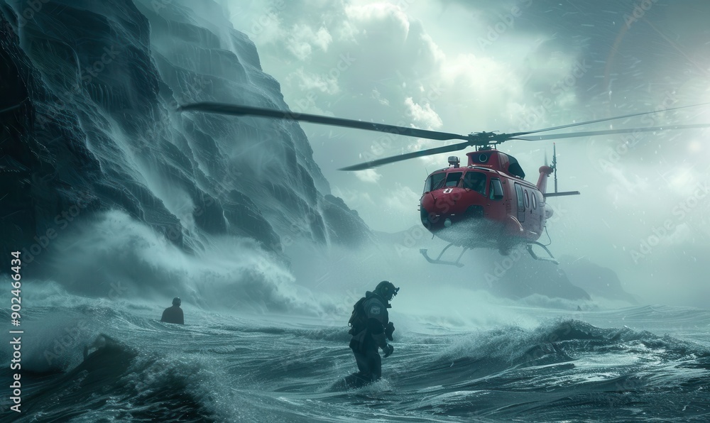 Fototapeta premium Rescue helicopter flying in stormy weather over turbulent sea. Free copy space for banner.