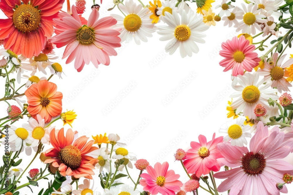 A bouquet of colorful flowers arranged in a circular shape on a pure white background A bouquet of colorful flowers arranged in a circular shape on a pure white background