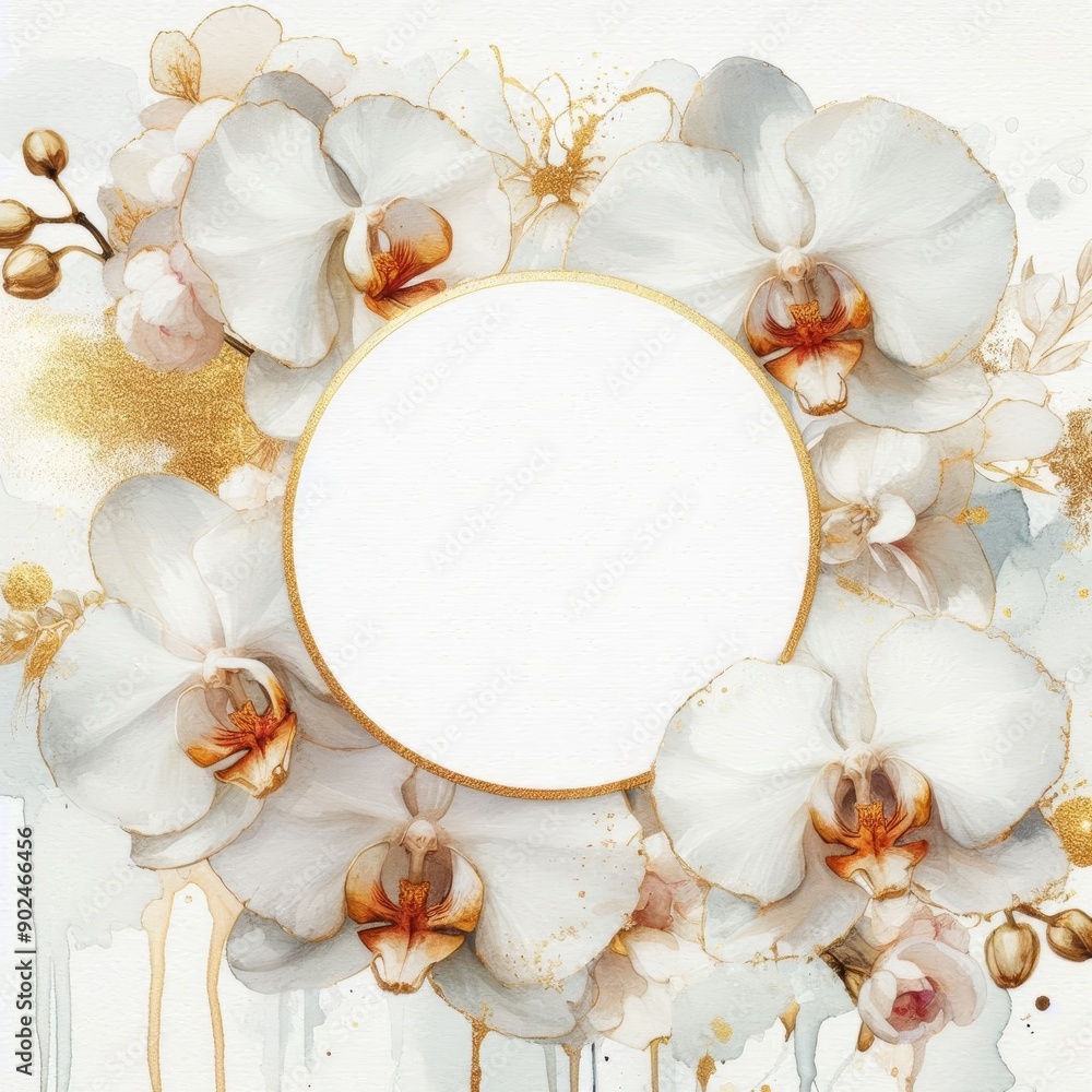 Elegant white orchid floral frame with a gold border for invitations or design projects. Elegant white orchid floral frame with a gold border for invitations or design projects.