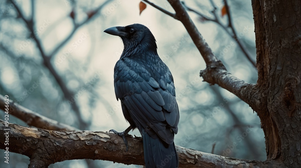 Solitary Raven Perched on a Tree Branch in the Forest Solitary Raven Perched on a Tree Branch in the Forest