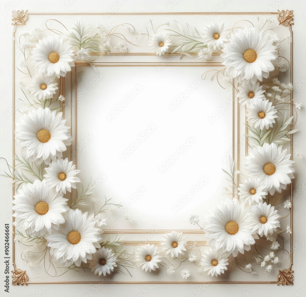 Elegant floral frame of white daisies with delicate greenery, perfect for invitations or decor. Elegant floral frame of white daisies with delicate greenery, perfect for invitations or decor.