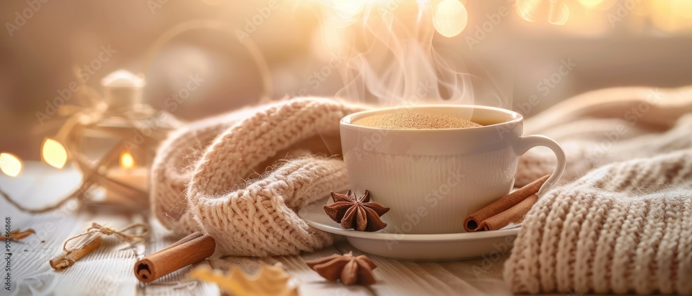 Fototapeta premium Cup of Steaming Tea Coffee, Knitted Blanket and Cinnamon Anise. Cozy Hygge Atmosphere at Home. Selective Focus.