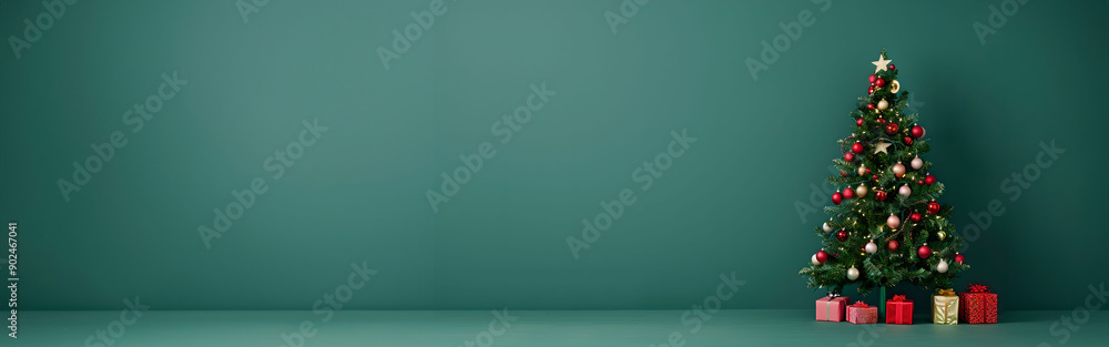 horizontal image, decorated Christmas tree, isolated green empty background, copy space for text. For banner, design, invitation, blog, linkedin, business, social media horizontal image, decorated Christmas tree, isolated green empty background, copy space for text. For banner, design, invitation, blog, linkedin, business, social media