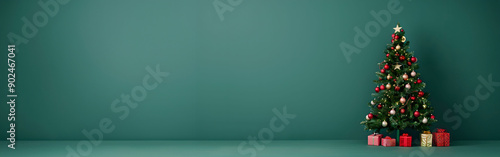 horizontal image, decorated Christmas tree, isolated green empty background, copy space for text. For banner, design, invitation, blog, linkedin, business, social media photo