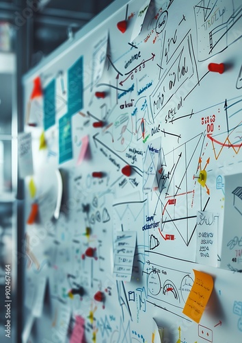 A cluttered whiteboard covered with disorganized diagrams, notes, and arrows, symbolizing a messy decision-making process in a business environment.