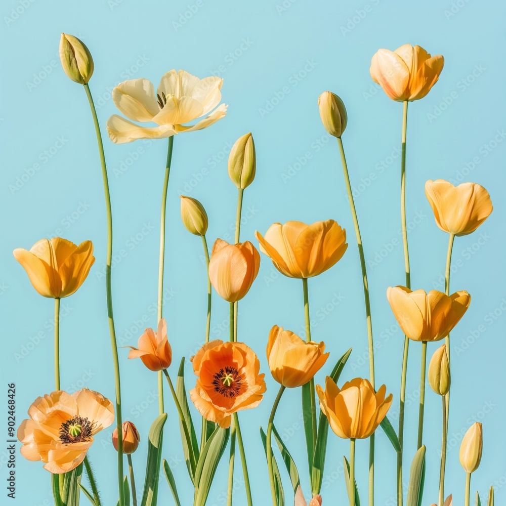Fototapeta premium A vibrant arrangement of yellow tulips in various stages of bloom set against a bright blue background, symbolizing spring and renewal. Perfect for floral, seasonal, or nature themes.