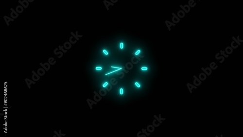 clock icon neon glowing cyan color 4k illustration. black background 24 hour fast digital clock.