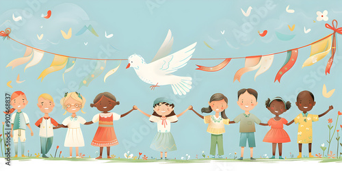 Wallpaper Mural Joyful Children Holding Hands Under a Peace Dove Banner Embracing Diversity and Unity Torontodigital.ca
