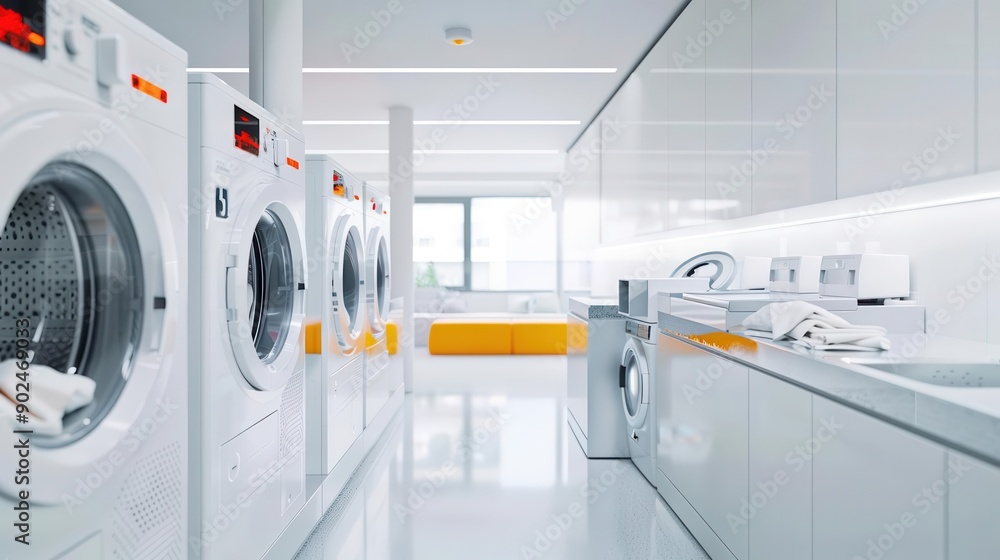 Modern laundry room featuring bright washers, sleek design, and ample natural light for an efficient washing experience. Modern laundry room featuring bright washers, sleek design, and ample natural light for an efficient washing experience.