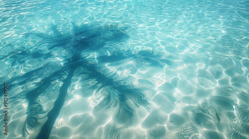 The Shadow of palm tree on swimming pool,Palm tree leaf shadow on blue wall,Minimal abstract tropical beach water with crystal clear water background,vacation banner concept.