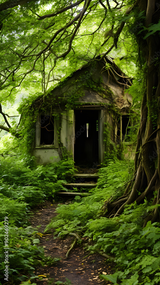 Nature's Reclaim: A Decayed Building in an Overgrown, Neglected Area with Stagnant Pond Nature's Reclaim: A Decayed Building in an Overgrown, Neglected Area with Stagnant Pond