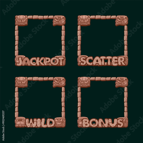 Maya or Aztec carton game frames for slot icons. Jackpot, Bonus, Wild and Scatter frames. UI objects