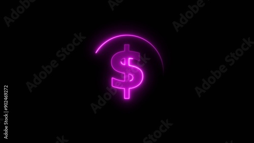 Doller icon neon glowing magenta color 4k illustration and magenta circle on black background.