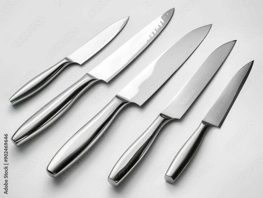 Obraz premium Sleek Stainless Steel Knife Set, Modern and Functional Design on White Background