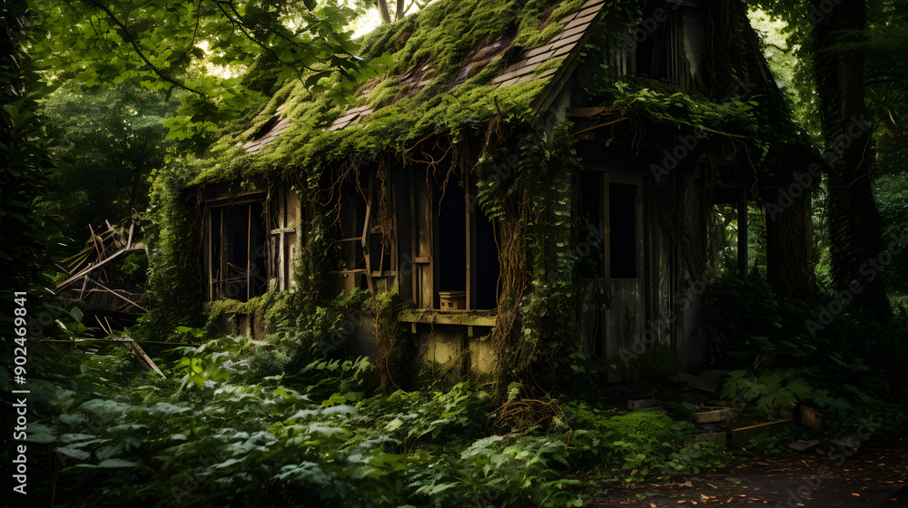 Nature's Reclaim: A Decayed Building in an Overgrown, Neglected Area with Stagnant Pond Nature's Reclaim: A Decayed Building in an Overgrown, Neglected Area with Stagnant Pond