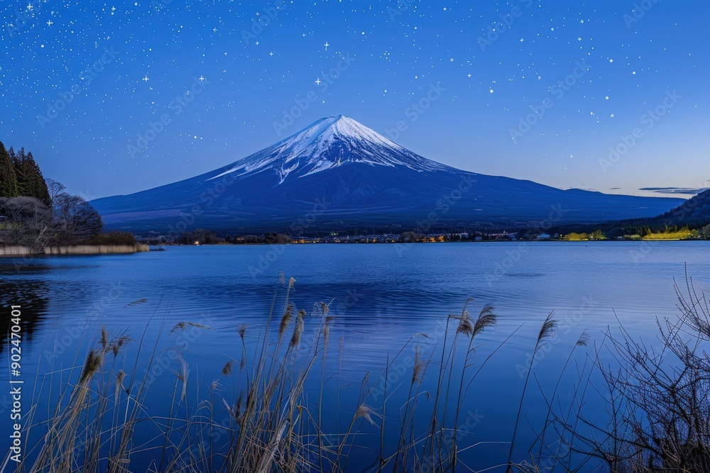 Stunning view of a snow-capped mountain reflected in a serene lake under a starry night sky. Stunning view of a snow-capped mountain reflected in a serene lake under a starry night sky.