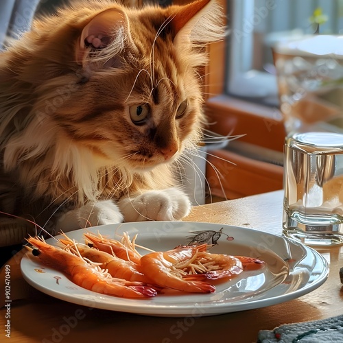 Cat with Plate of Prawns photo