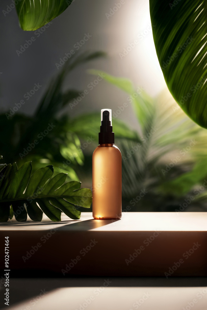 Cosmetic bottle with dispenser on table near tropical plants in bathroom
Cosmetic bottle with dispenser on table near tropical plants in bathroom