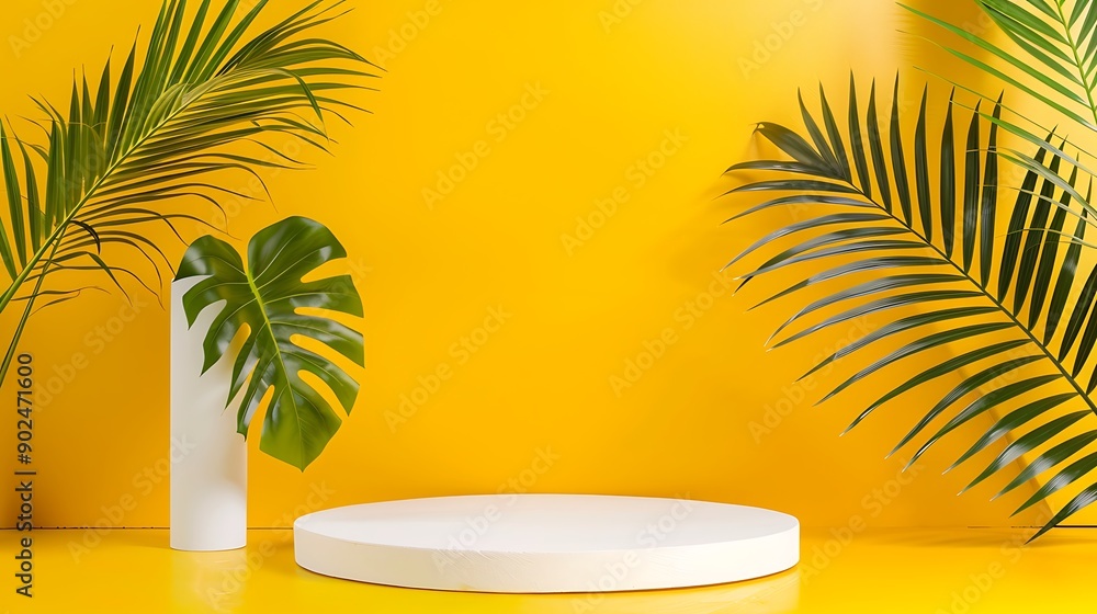 Tropical Product Display with Palm Leaves and White Platform Tropical Product Display with Palm Leaves and White Platform