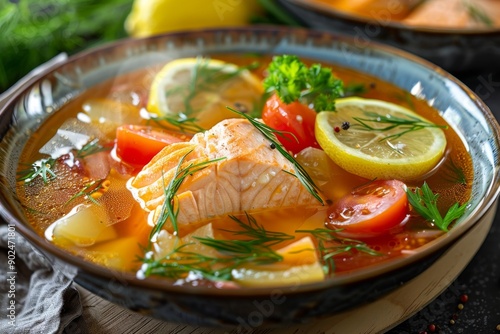 Fish Soup, Bouillabaisse, Cullen Skink, Ukha or Solyanka with Salmon, Trout or Tuna Fillet, Fish Broth photo