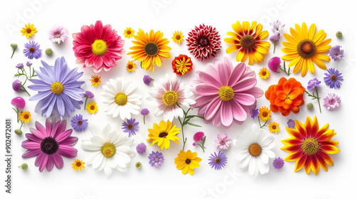 Floral frame with summer flowers: Daisy, cosmos, blanket flower, aster, zinnia, tickseed, sunflower, doronicum on white background. Design element. Top view, flat lay.