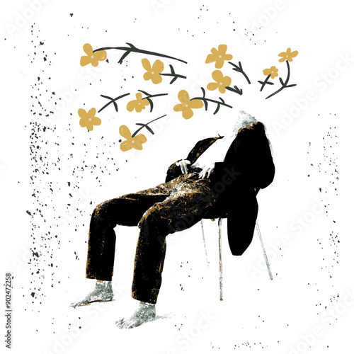 Slow life. Concept of people's happy relaxing life is happens between breath or an inhale and an exhale. There's a pretty flowers glowing out of girl's face. Concept Card. vector photo