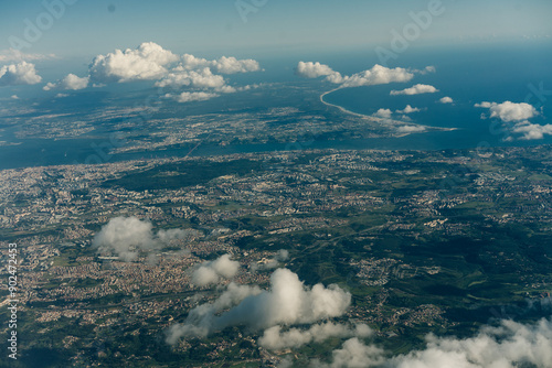 Aerial view of Lisbon, with Vasco da Gama Bridge, Tejo park and Trancao river, PORTUGAL photo