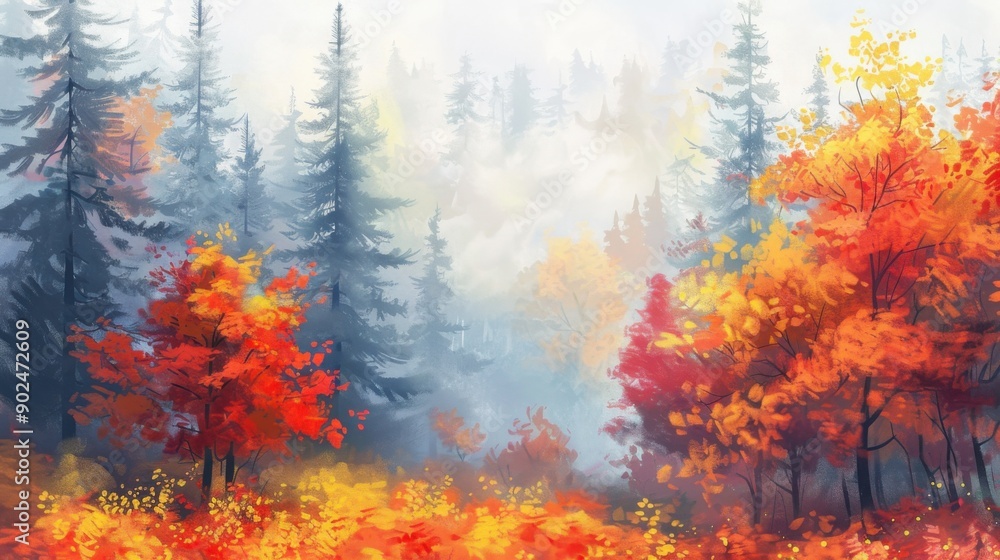 Pastel Painting. Colorful Autumn Landscape with Red and Orange Trees in a Foggy Day Pastel Painting. Colorful Autumn Landscape with Red and Orange Trees in a Foggy Day