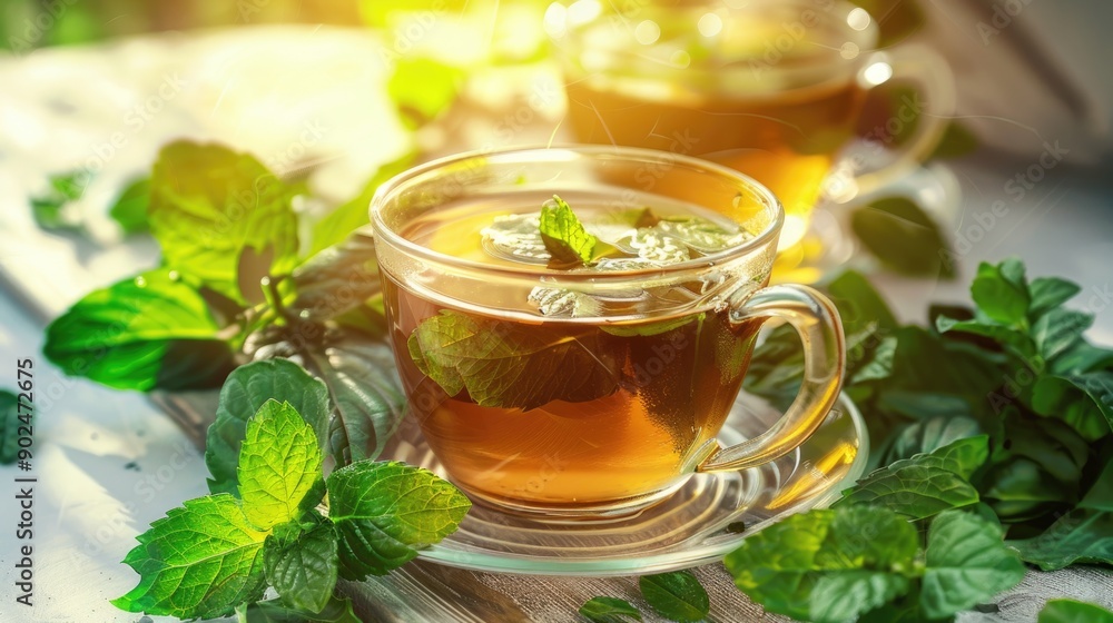 Mint tea with fresh leaves close up Mint tea with fresh leaves close up
