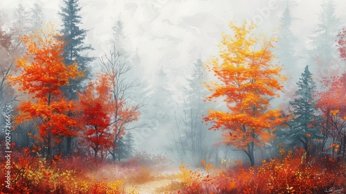 Pastel Painting. Colorful Autumn Landscape with Red and Yellow Trees in a Foggy Forest
