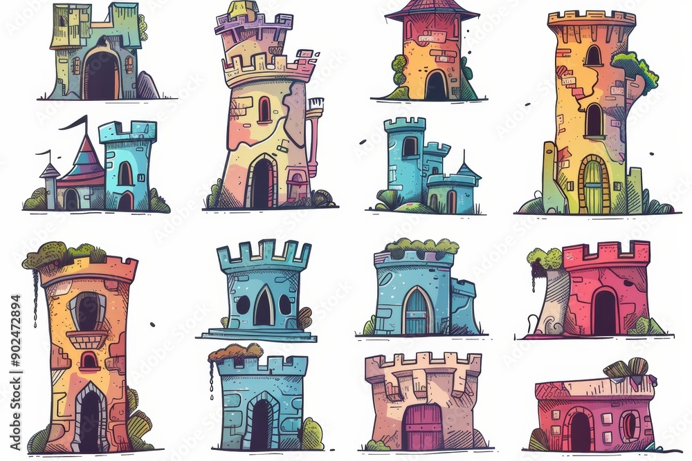 Naklejka premium Castle icon, fairy tale forts, old towers, medieval castles, kingdom symbol, king home, fairytale fortress