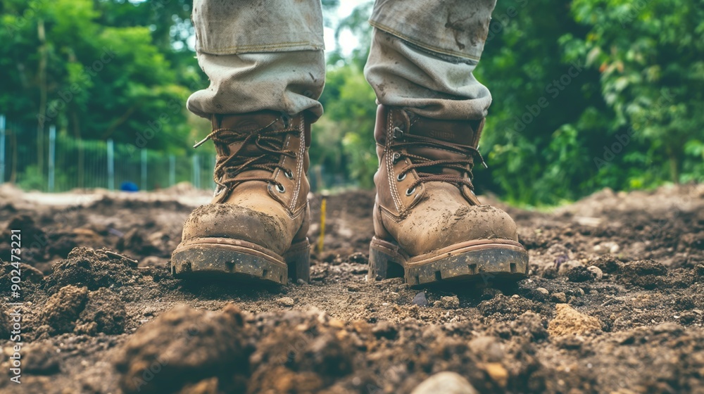 Farmer's boots on freshly tilled soil in a field Farmer's boots on freshly tilled soil in a field