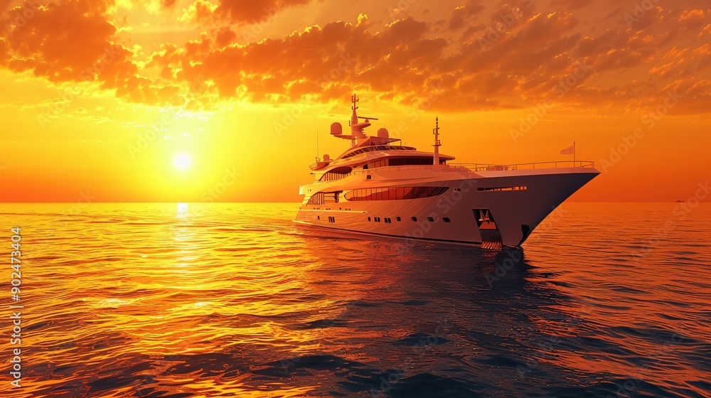 Luxurious Yacht Sailing on a Calm Sea at Sunset. Vibrant Orange Glow Illuminates the Yacht and Surrounding Waters. Luxurious Yacht Sailing on a Calm Sea at Sunset. Vibrant Orange Glow Illuminates the Yacht and Surrounding Waters.