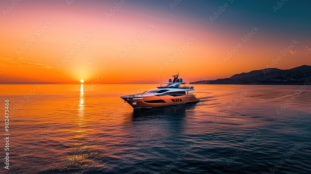 Luxurious Yacht Sailing on a Calm Sea at Sunset. Vibrant Orange Glow Illuminates the Yacht and Surrounding Waters. Luxurious Yacht Sailing on a Calm Sea at Sunset. Vibrant Orange Glow Illuminates the Yacht and Surrounding Waters.