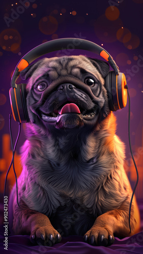 Happy Pug Dog with Headphones © Agnieszka