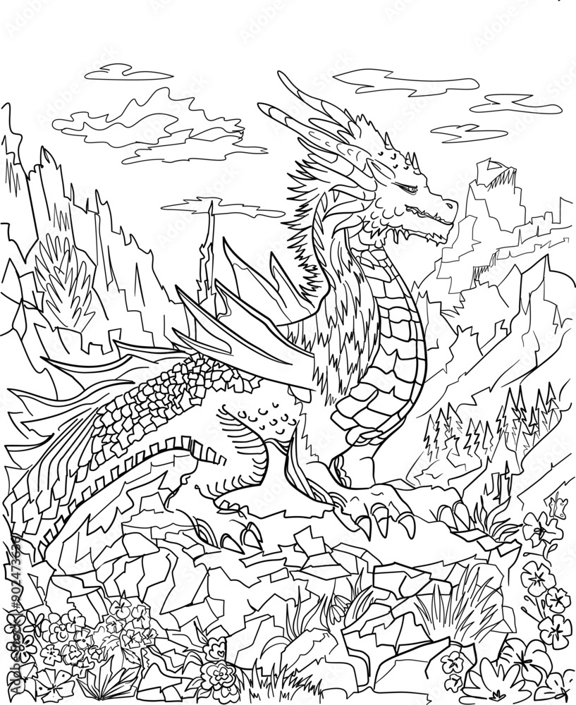 fantasy dragon coloring page with mountains fantasy dragon coloring page with mountains