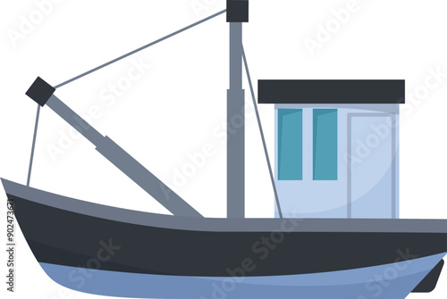 Fishing boat floating on water, featuring a cabin and a crane, ready for fishing expeditions and maritime adventures