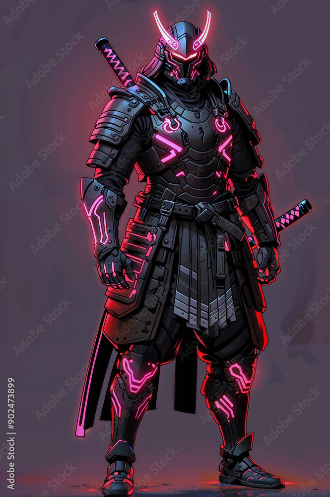 Neon Samurai. A samurai from a cyberpunk world, with neon lights integrated into their armor Neon Samurai. A samurai from a cyberpunk world, with neon lights integrated into their armor