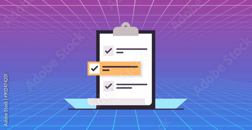 Check mark on checklist in survery from and business ogranization planning concept flat vector illustration.	
